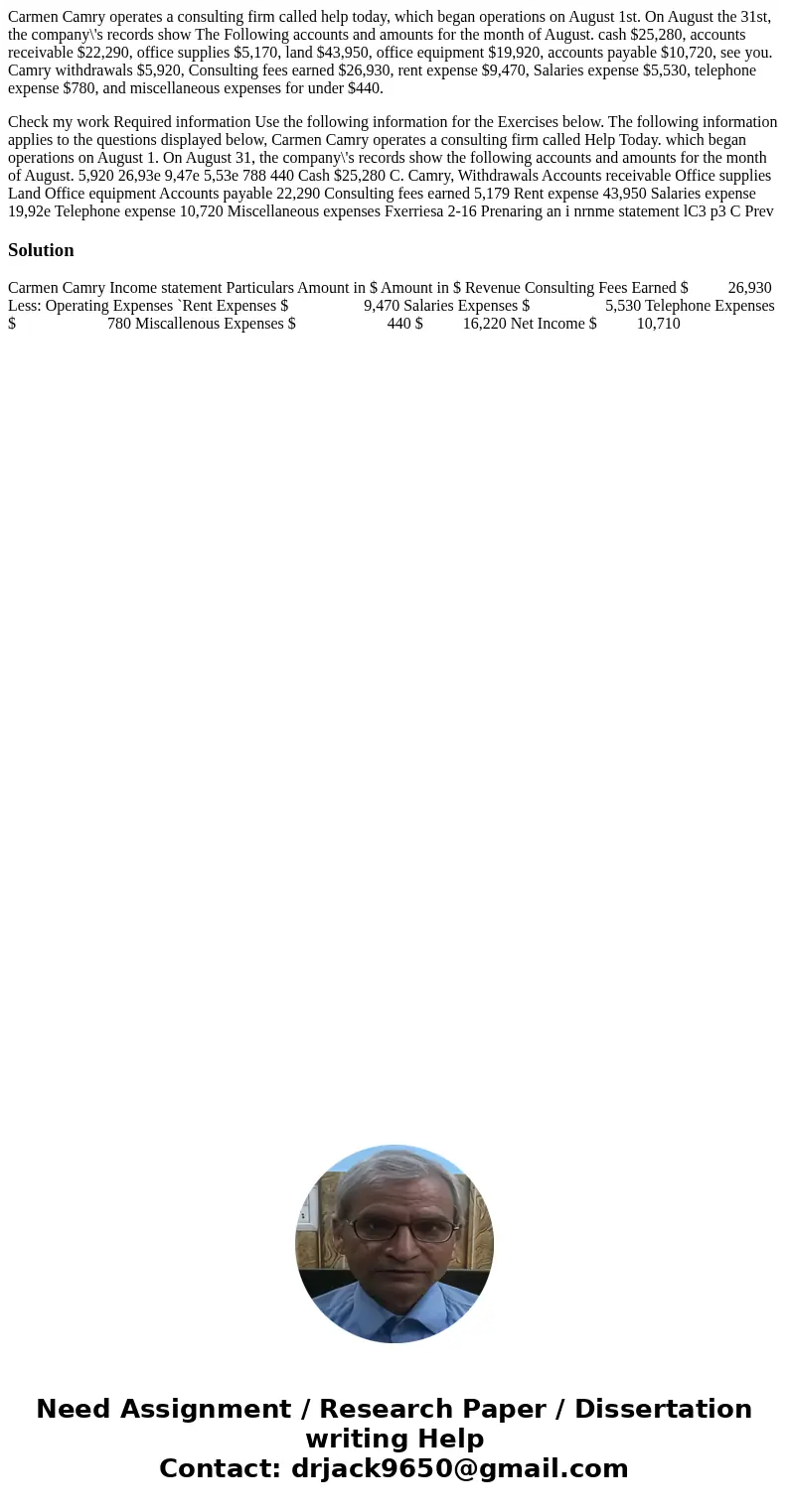 Carmen Camry operates a consulting firm called help today, which began operations on August 1st. On August the 31st, the company\'s records show The Following   Carmen Camry operates a consulting firm called help today, which began operations on August 1st. On August the 31st, the company\'s records show The Following