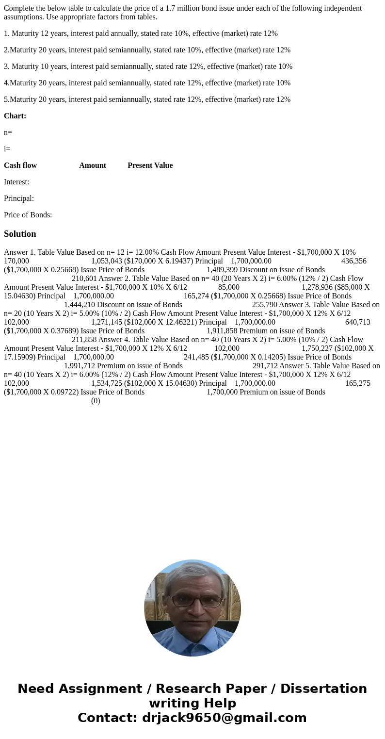 Complete the below table to calculate the price of a 1.7 million bond issue under each of the following independent assumptions. Use appropriate factors from ta Complete the below table to calculate the price of a 1.7 million bond issue under each of the following independent assumptions. Use appropriate factors from ta