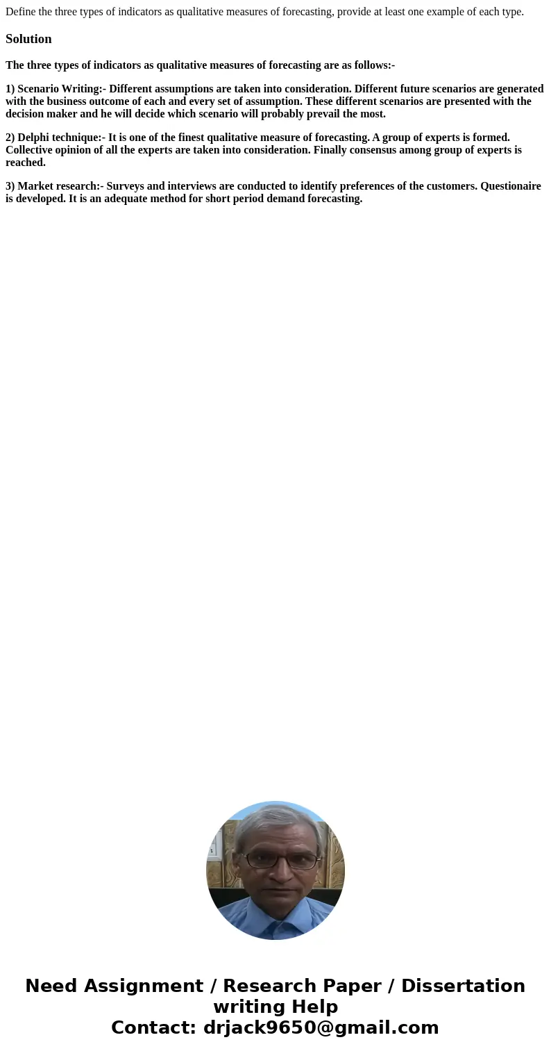 Define the three types of indicators as qualitative measures of forecasting, provide at least one example of each type.SolutionThe three types of indicators as  Define the three types of indicators as qualitative measures of forecasting, provide at least one example of each type.SolutionThe three types of indicators as
