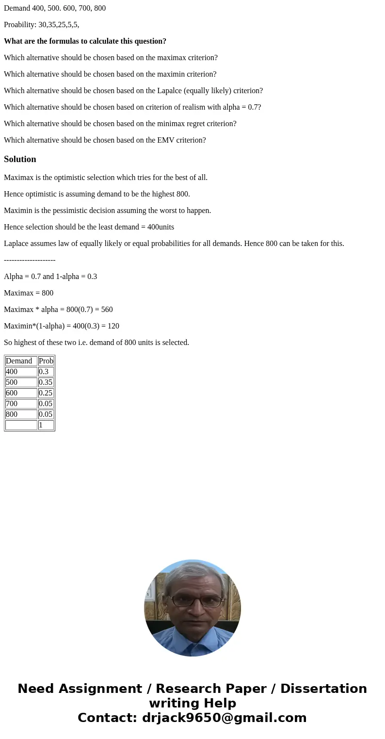 Demand 400, 500. 600, 700, 800 Proability: 30,35,25,5,5, What are the formulas to calculate this question? Which alternative should be chosen based on the maxim Demand 400, 500. 600, 700, 800 Proability: 30,35,25,5,5, What are the formulas to calculate this question? Which alternative should be chosen based on the maxim