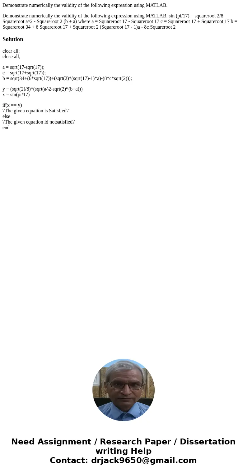 Demonstrate numerically the validity of the following expression using MATLAB. Demonstrate numerically the validity of the following expression using MATLAB. si Demonstrate numerically the validity of the following expression using MATLAB. Demonstrate numerically the validity of the following expression using MATLAB. si