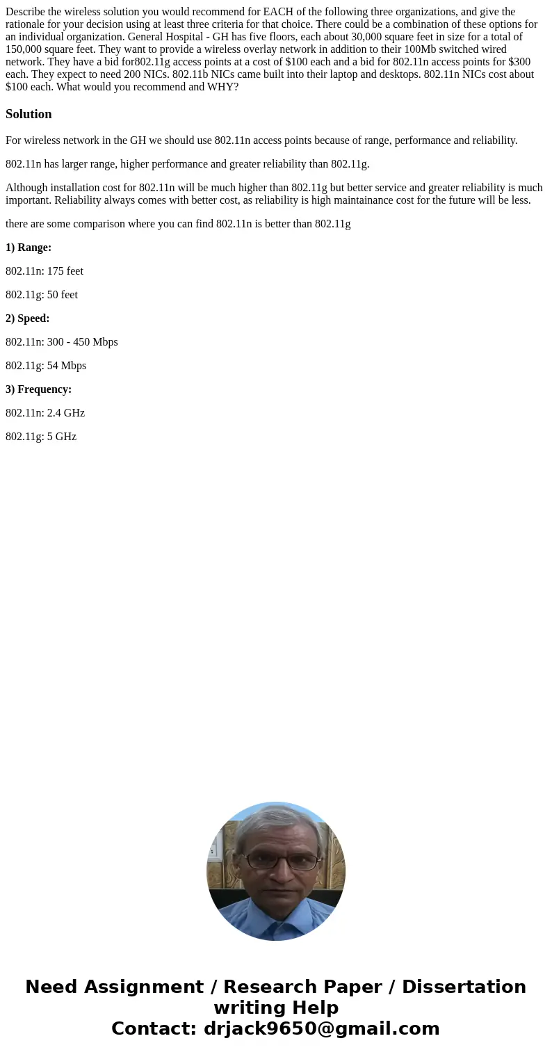 Describe the wireless solution you would recommend for EACH of the following three organizations, and give the rationale for your decision using at least three  Describe the wireless solution you would recommend for EACH of the following three organizations, and give the rationale for your decision using at least three