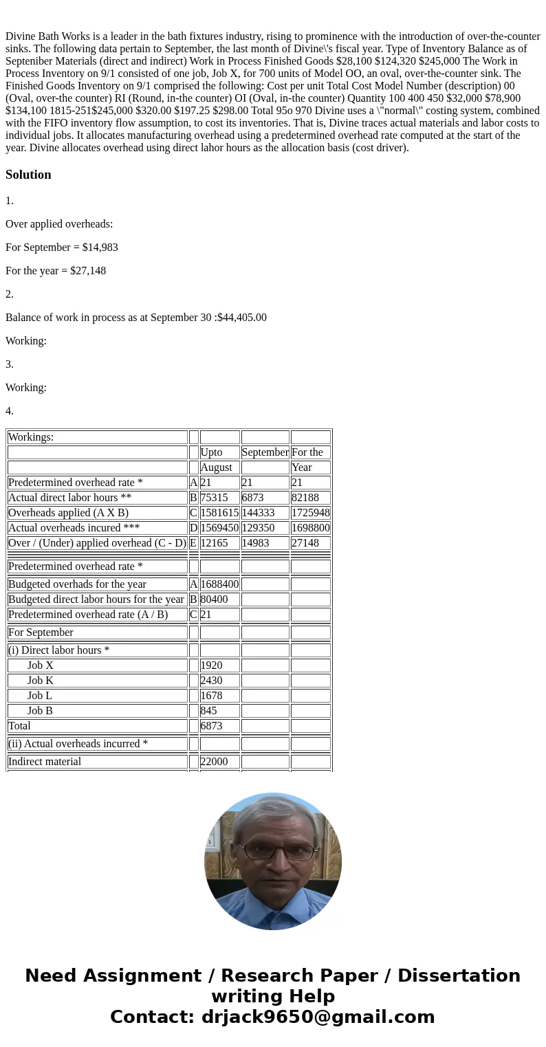  Divine Bath Works is a leader in the bath fixtures industry, rising to prominence with the introduction of over-the-counter sinks. The following data pertain t