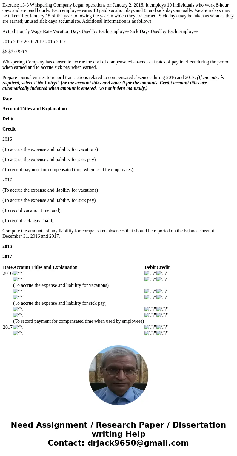 Exercise 13-3 Whispering Company began operations on January 2, 2016. It employs 10 individuals who work 8-hour days and are paid hourly. Each employee earns 10