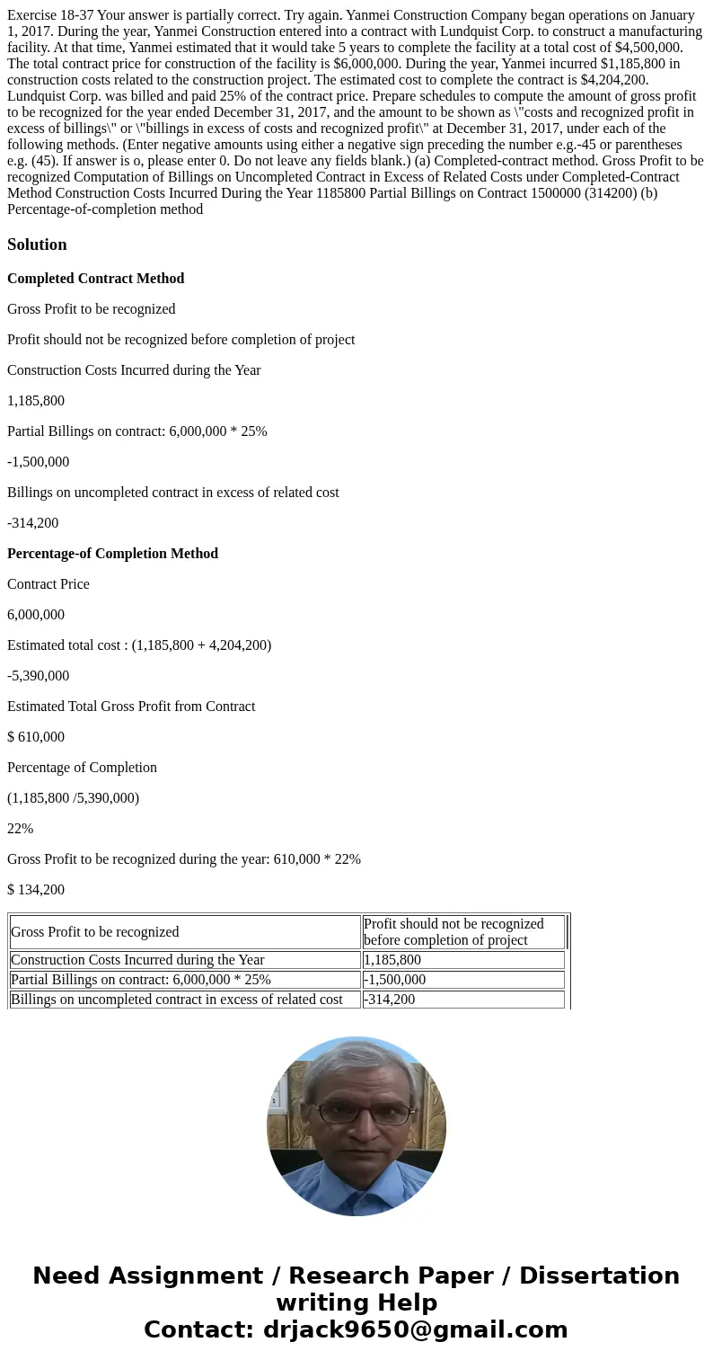  Exercise 18-37 Your answer is partially correct. Try again. Yanmei Construction Company began operations on January 1, 2017. During the year, Yanmei Constructi