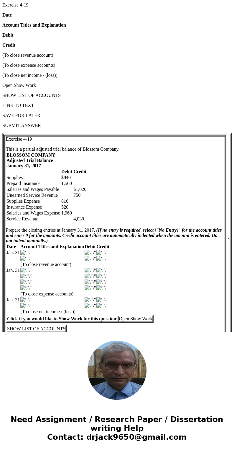 Exercise 4-19 Date Account Titles and Explanation Debit Credit (To close revenue account) (To close expense accounts) (To close net income / (loss)) Open Show W