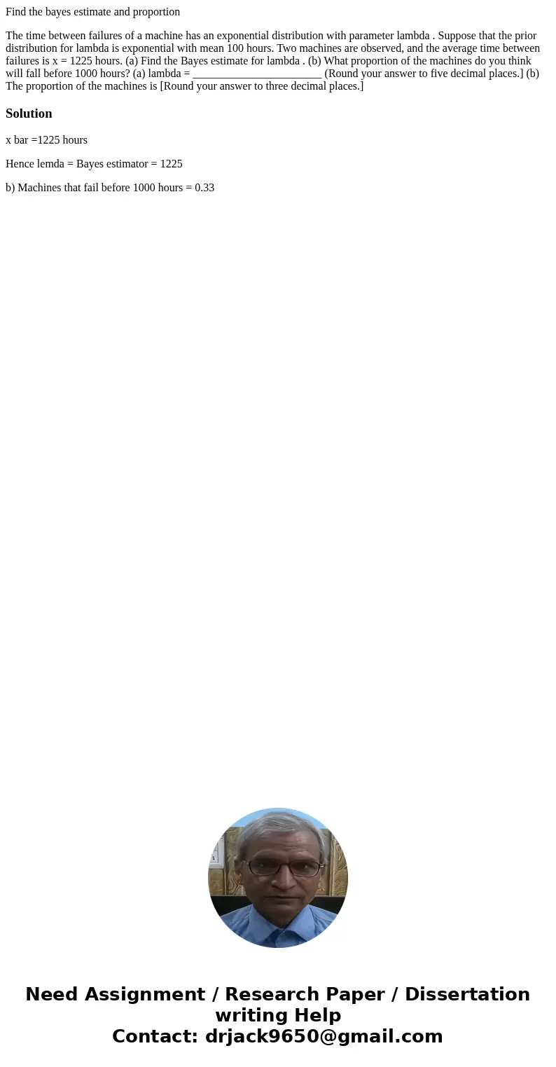 Find the bayes estimate and proportion The time between failures of a machine has an exponential distribution with parameter lambda . Suppose that the prior dis Find the bayes estimate and proportion The time between failures of a machine has an exponential distribution with parameter lambda . Suppose that the prior dis