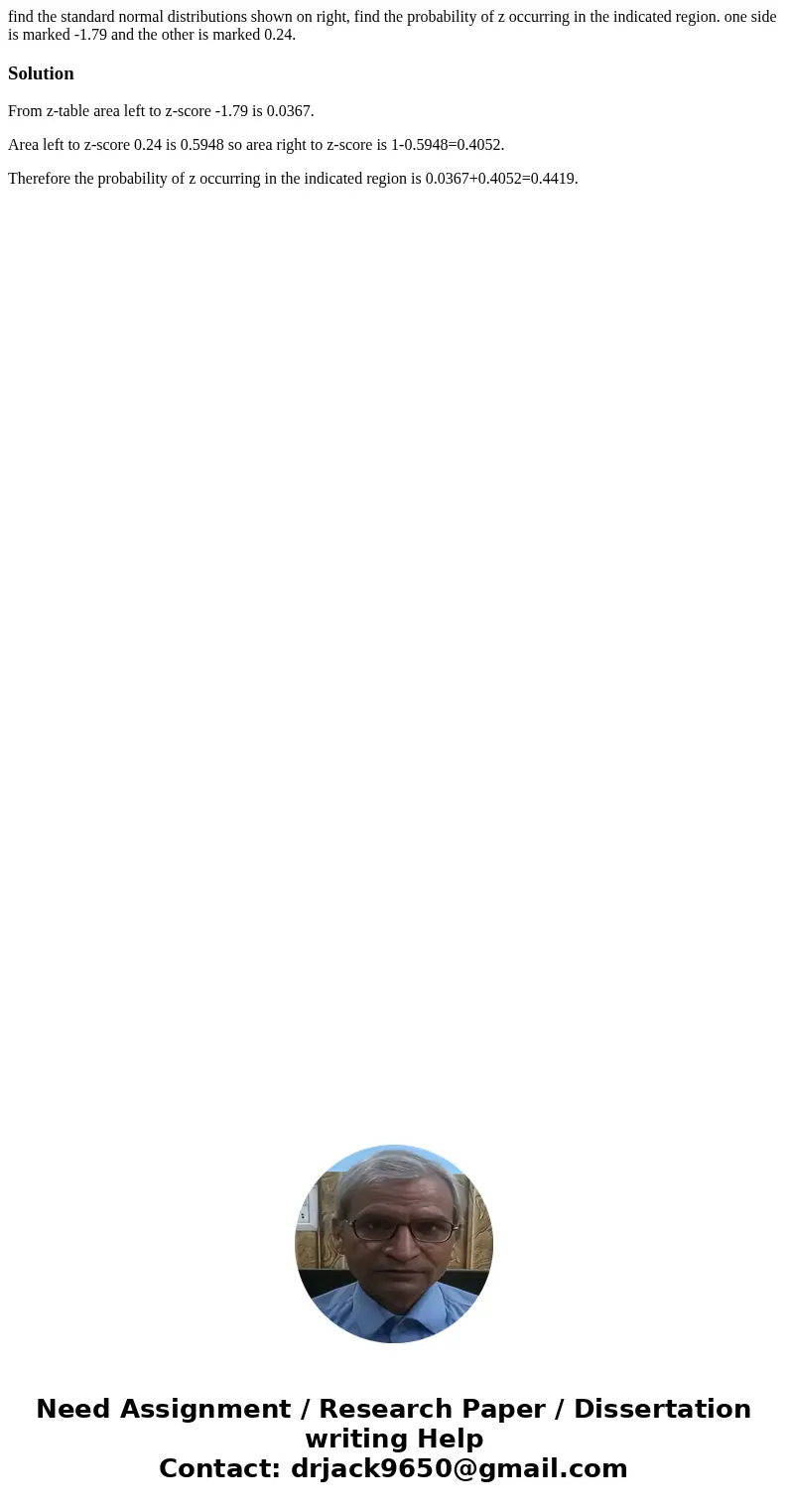 find the standard normal distributions shown on right, find the probability of z occurring in the indicated region. one side is marked -1.79 and the other is ma