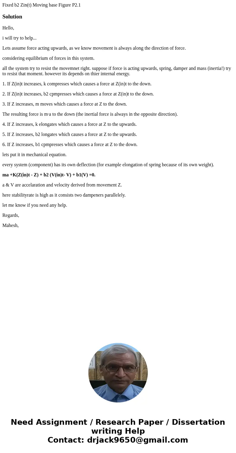 Fixed b2 Zin(t) Moving base Figure P2.1 SolutionHello, i will try to help... Lets assume force acting upwards, as we know movement is always along the directio  Fixed b2 Zin(t) Moving base Figure P2.1 SolutionHello, i will try to help... Lets assume force acting upwards, as we know movement is always along the directio
