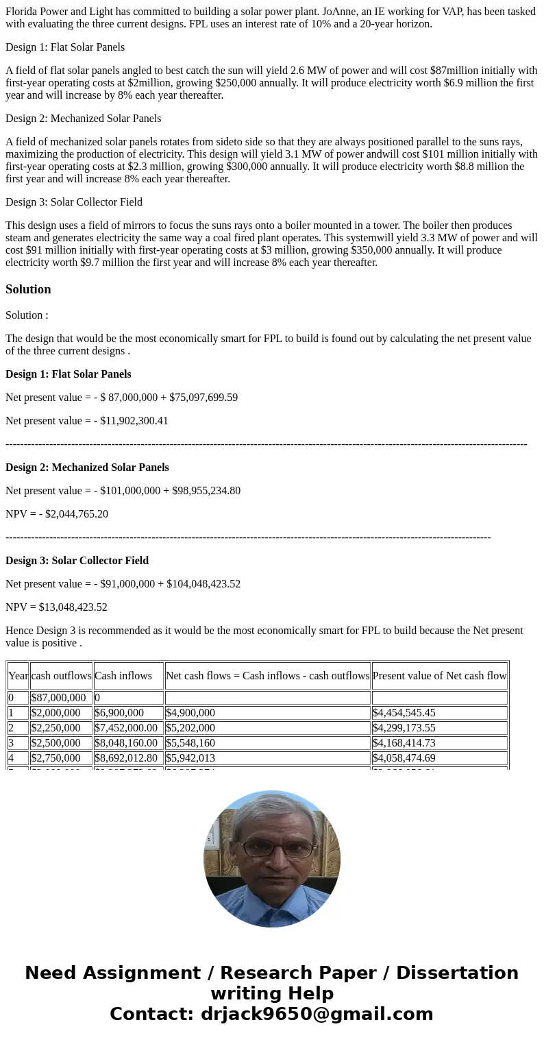 Florida Power and Light has committed to building a solar power plant. JoAnne, an IE working for VAP, has been tasked with evaluating the three current designs. Florida Power and Light has committed to building a solar power plant. JoAnne, an IE working for VAP, has been tasked with evaluating the three current designs.