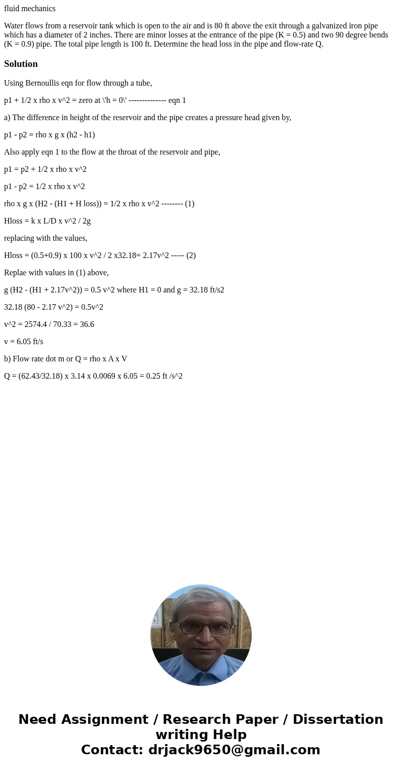 fluid mechanics Water flows from a reservoir tank which is open to the air and is 80 ft above the exit through a galvanized iron pipe which has a diameter of 2  fluid mechanics Water flows from a reservoir tank which is open to the air and is 80 ft above the exit through a galvanized iron pipe which has a diameter of 2
