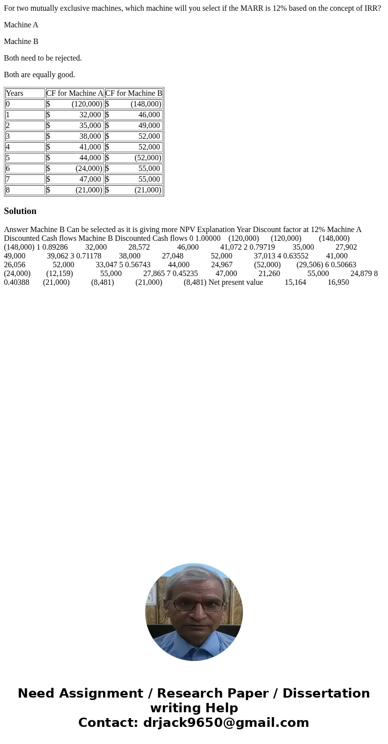 For two mutually exclusive machines, which machine will you select if the MARR is 12% based on the concept of IRR? Machine A Machine B Both need to be rejected. For two mutually exclusive machines, which machine will you select if the MARR is 12% based on the concept of IRR? Machine A Machine B Both need to be rejected.