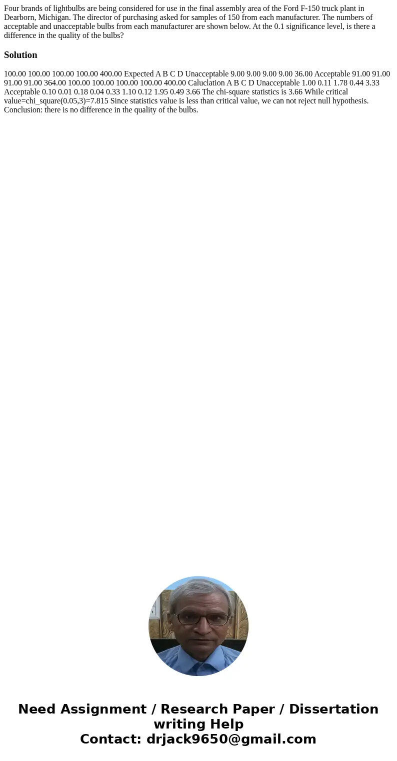 Four brands of lightbulbs are being considered for use in the final assembly area of the Ford F-150 truck plant in Dearborn, Michigan. The director of purchasi  Four brands of lightbulbs are being considered for use in the final assembly area of the Ford F-150 truck plant in Dearborn, Michigan. The director of purchasi