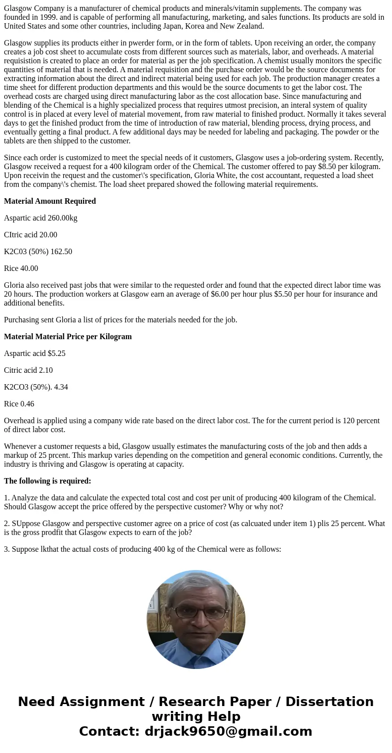 Glasgow Company is a manufacturer of chemical products and minerals/vitamin supplements. The company was founded in 1999. and is capable of performing all manuf