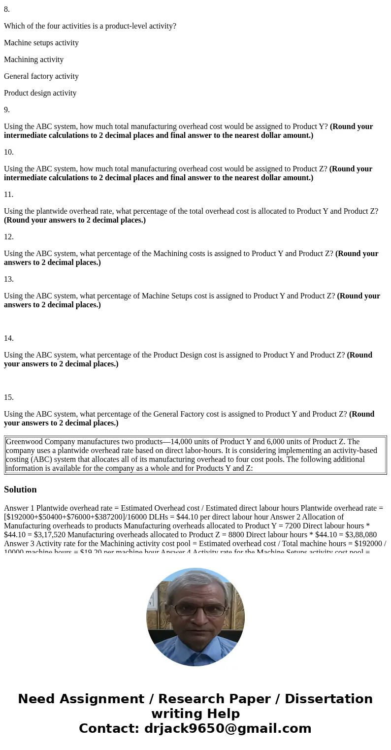 Greenwood Company manufactures two products—14,000 units of Product Y and 6,000 units of Product Z. The company uses a plantwide overhead rate based on direct l Greenwood Company manufactures two products—14,000 units of Product Y and 6,000 units of Product Z. The company uses a plantwide overhead rate based on direct l