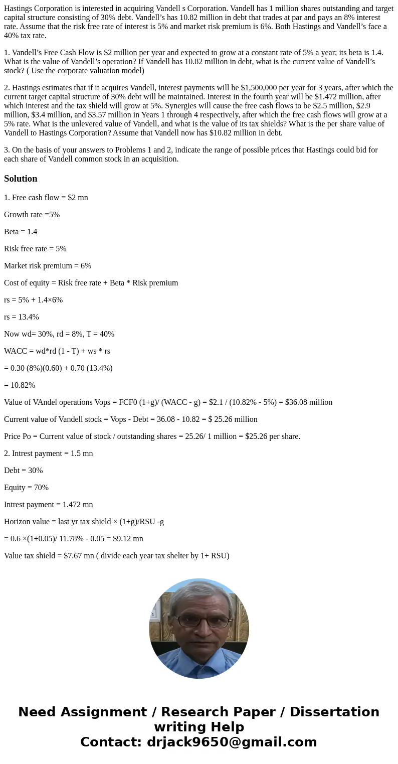 Hastings Corporation is interested in acquiring Vandell s Corporation. Vandell has 1 million shares outstanding and target capital structure consisting of 30% d Hastings Corporation is interested in acquiring Vandell s Corporation. Vandell has 1 million shares outstanding and target capital structure consisting of 30% d