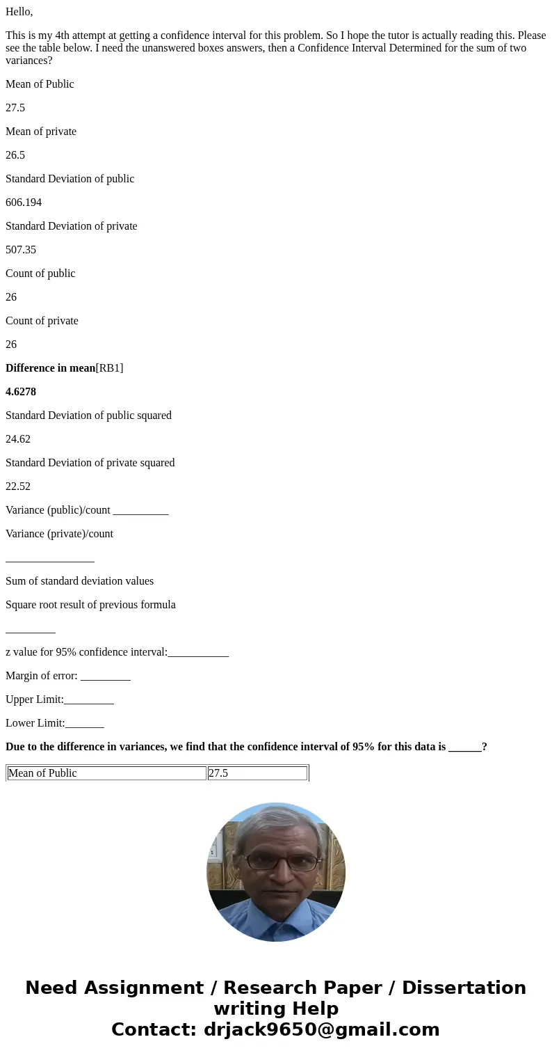 Hello, This is my 4th attempt at getting a confidence interval for this problem. So I hope the tutor is actually reading this. Please see the table below. I nee Hello, This is my 4th attempt at getting a confidence interval for this problem. So I hope the tutor is actually reading this. Please see the table below. I nee