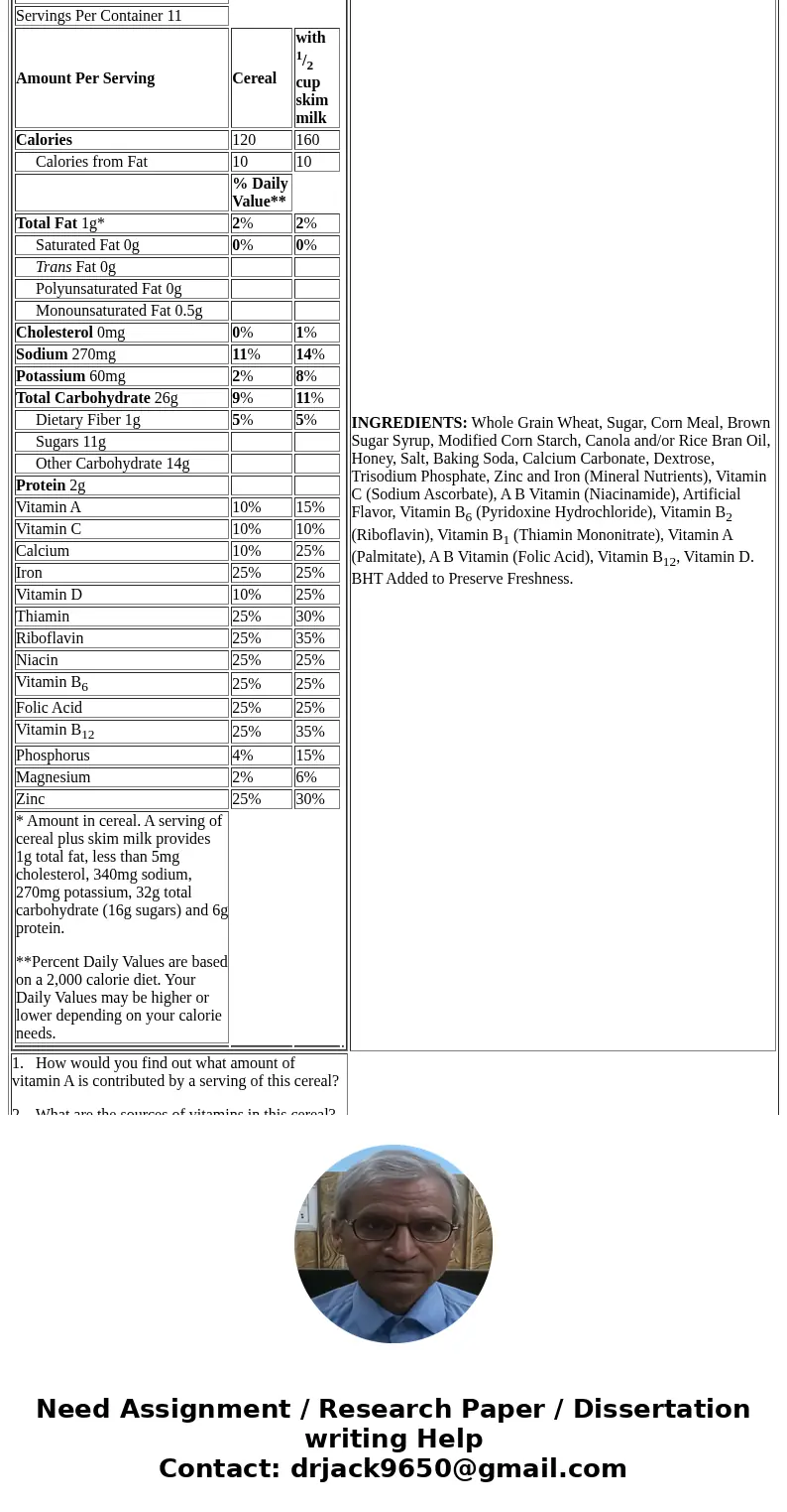 Help with this Human Nutrition Biology 2020 assignment Nutrition Facts Serving Size 3/4 cup (31g) Servings Per Container 11 Amount Per Serving Cereal with 1/2 c