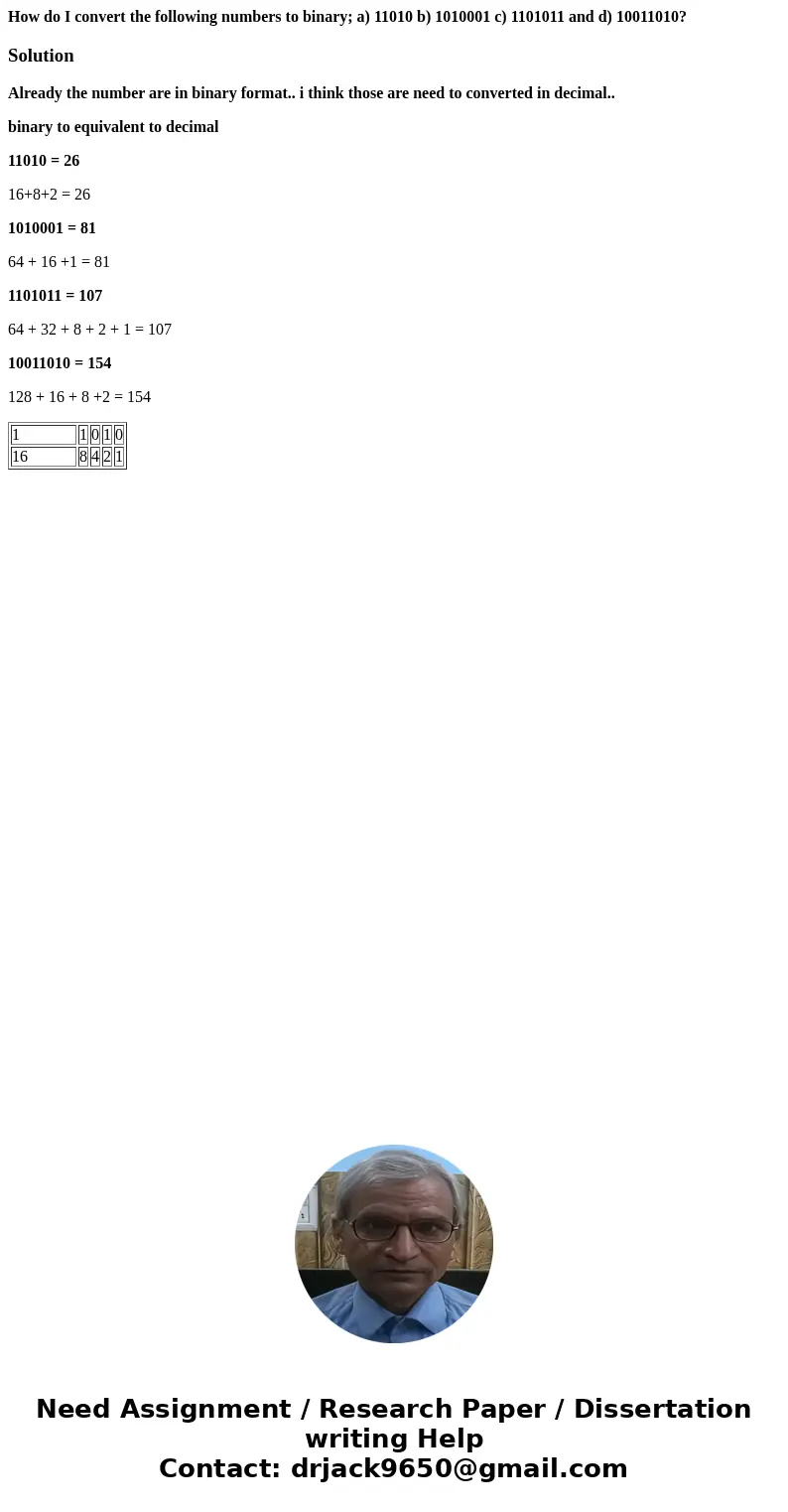 How do I convert the following numbers to binary; a) 11010 b) 1010001 c) 1101011 and d) 10011010?SolutionAlready the number are in binary format.. i think those How do I convert the following numbers to binary; a) 11010 b) 1010001 c) 1101011 and d) 10011010?SolutionAlready the number are in binary format.. i think those