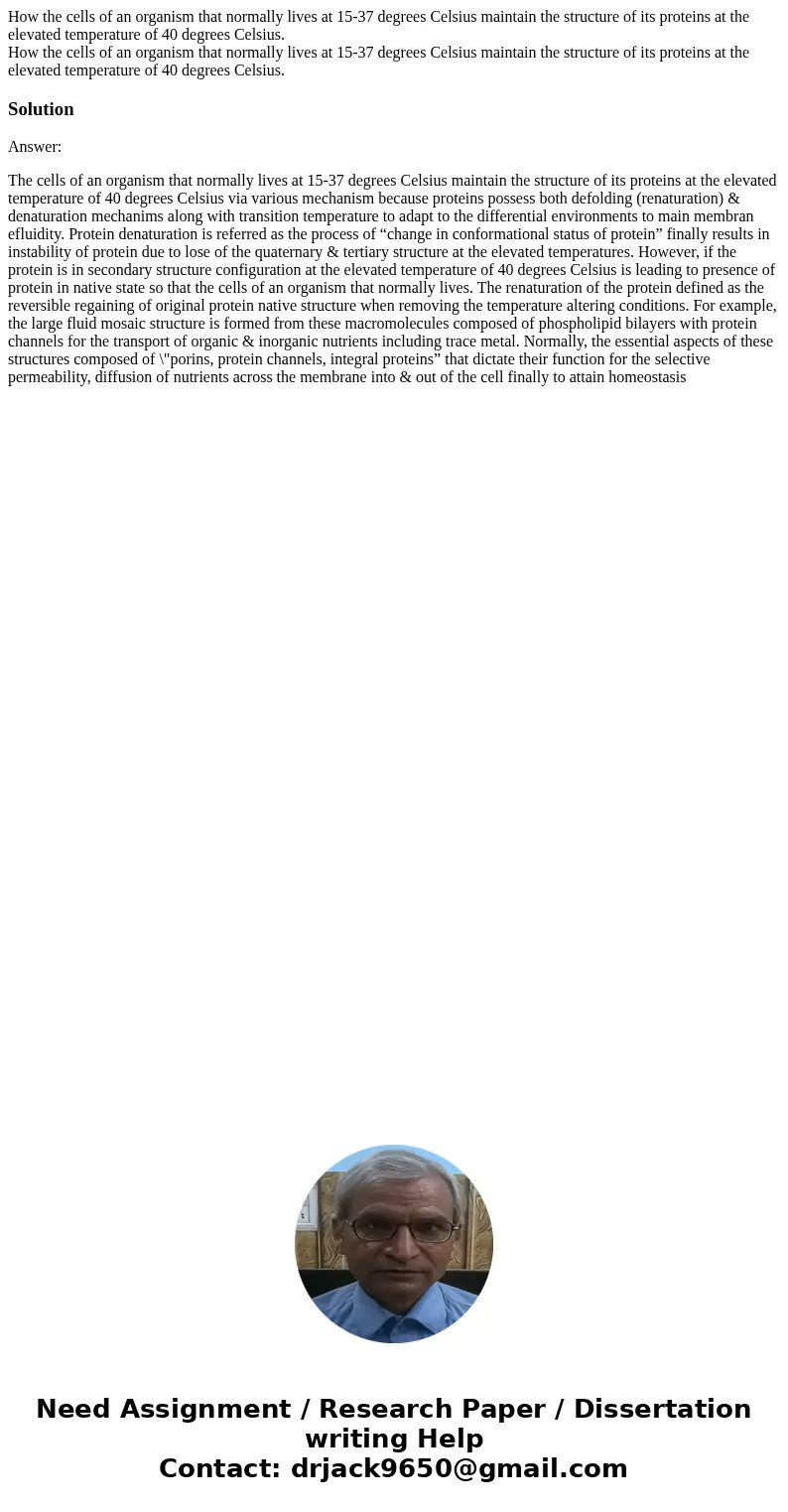 How the cells of an organism that normally lives at 15-37 degrees Celsius maintain the structure of its proteins at the elevated temperature of 40 degrees Cels  How the cells of an organism that normally lives at 15-37 degrees Celsius maintain the structure of its proteins at the elevated temperature of 40 degrees Cels