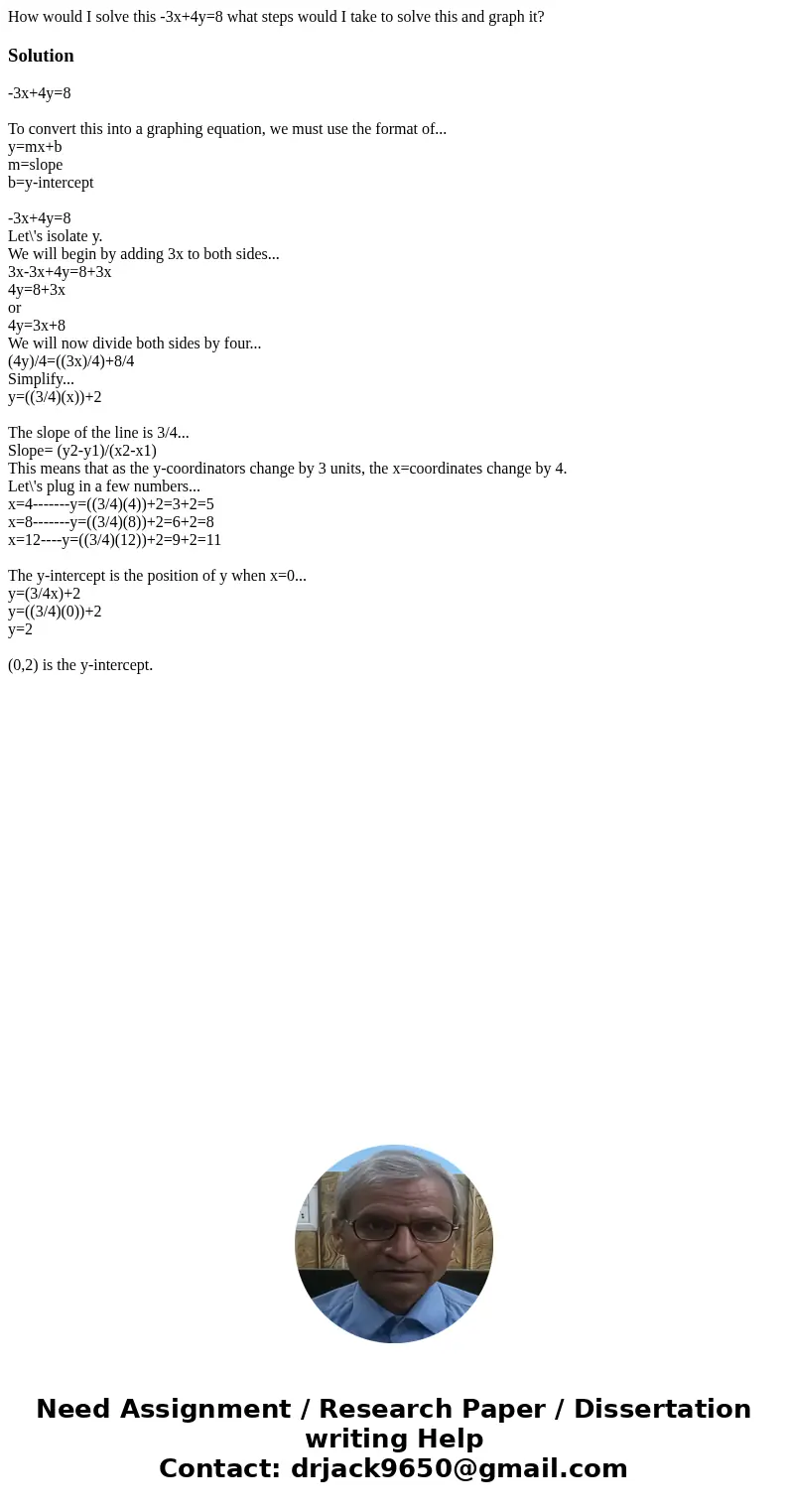 How would I solve this -3x+4y=8 what steps would I take to solve this and graph it?Solution-3x+4y=8 To convert this into a graphing equation, we must use the fo How would I solve this -3x+4y=8 what steps would I take to solve this and graph it?Solution-3x+4y=8 To convert this into a graphing equation, we must use the fo