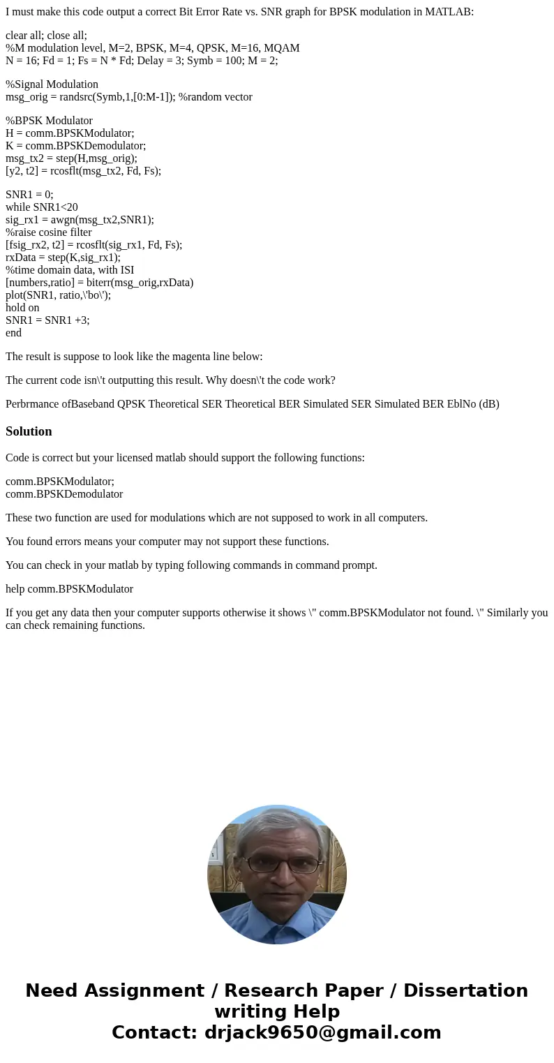 I must make this code output a correct Bit Error Rate vs. SNR graph for BPSK modulation in MATLAB: clear all; close all; %M modulation level, M=2, BPSK, M=4, QP I must make this code output a correct Bit Error Rate vs. SNR graph for BPSK modulation in MATLAB: clear all; close all; %M modulation level, M=2, BPSK, M=4, QP