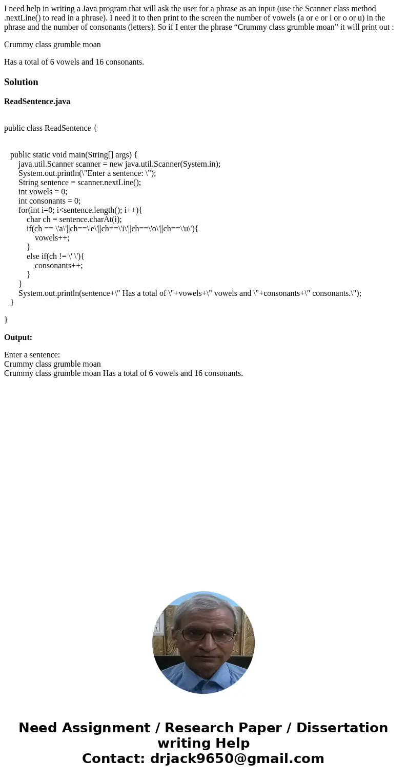 I need help in writing a Java program that will ask the user for a phrase as an input (use the Scanner class method .nextLine() to read in a phrase). I need it 