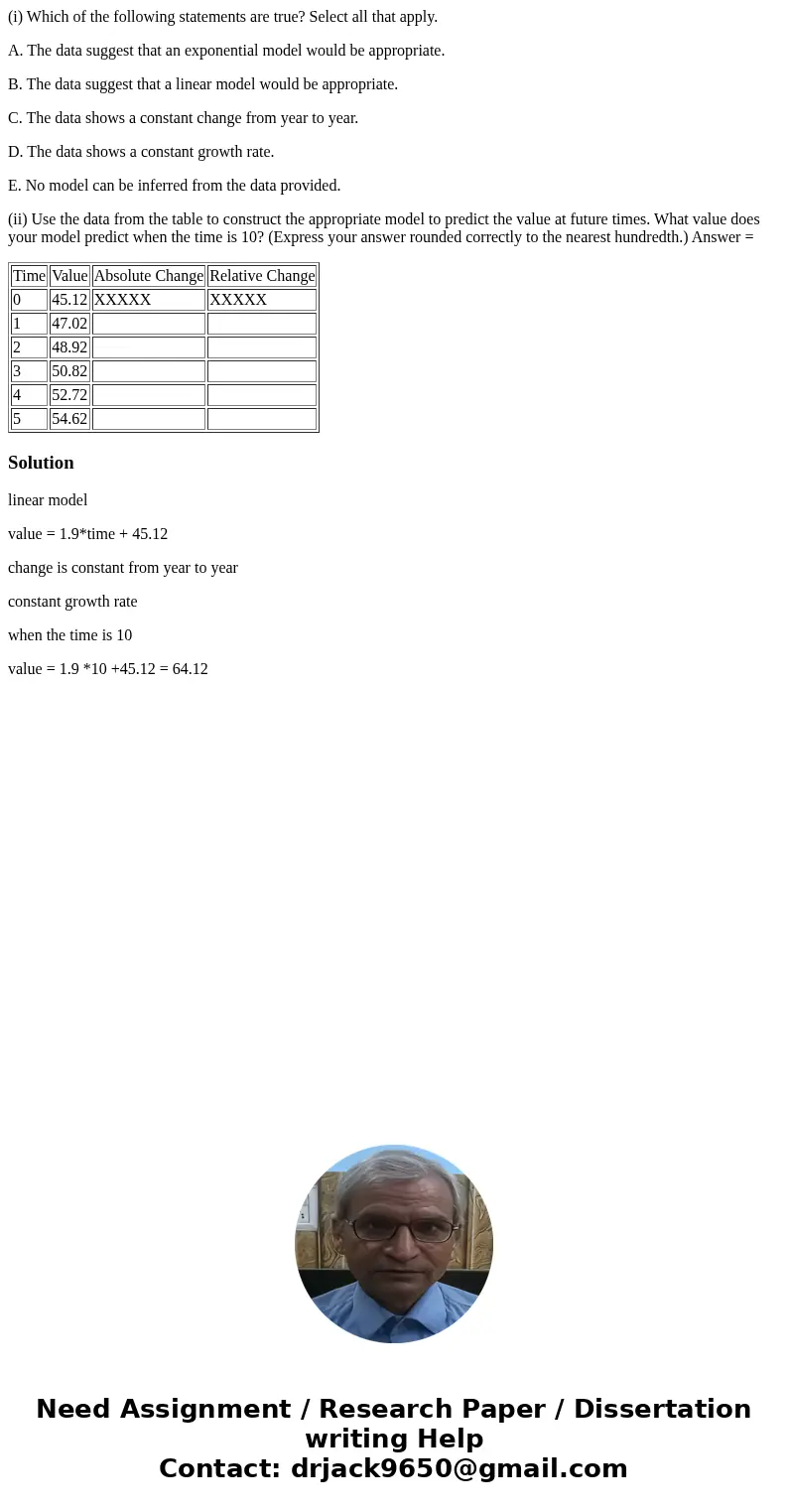 (i) Which of the following statements are true? Select all that apply. A. The data suggest that an exponential model would be appropriate. B. The data suggest t