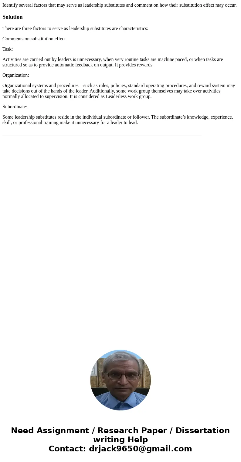 Identify several factors that may serve as leadership substitutes and comment on how their substitution effect may occur.SolutionThere are three factors to serv Identify several factors that may serve as leadership substitutes and comment on how their substitution effect may occur.SolutionThere are three factors to serv