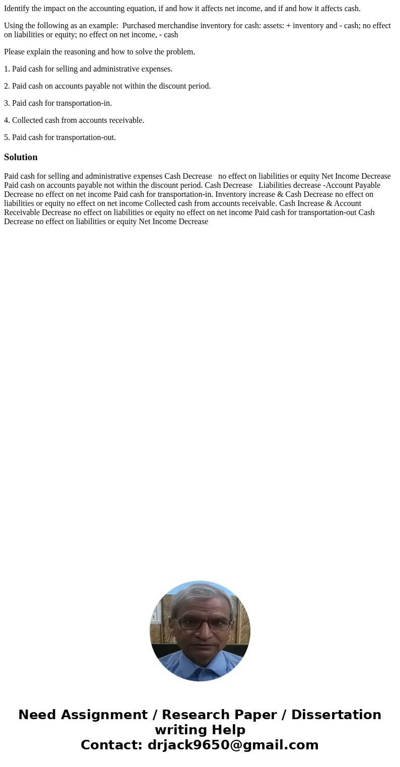 Identify the impact on the accounting equation, if and how it affects net income, and if and how it affects cash. Using the following as an example: Purchased m Identify the impact on the accounting equation, if and how it affects net income, and if and how it affects cash. Using the following as an example: Purchased m