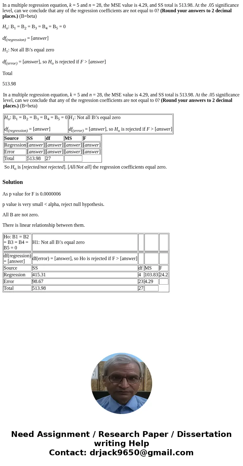 In a multiple regression equation, k = 5 and n = 28, the MSE value is 4.29, and SS total is 513.98. At the .05 significance level, can we conclude that any of t