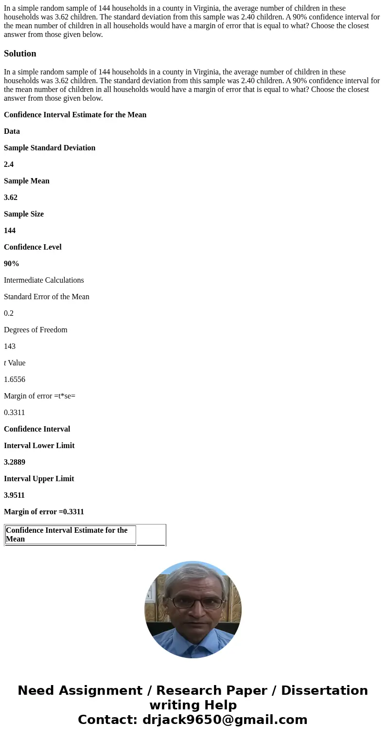 In a simple random sample of 144 households in a county in Virginia, the average number of children in these households was 3.62 children. The standard deviatio