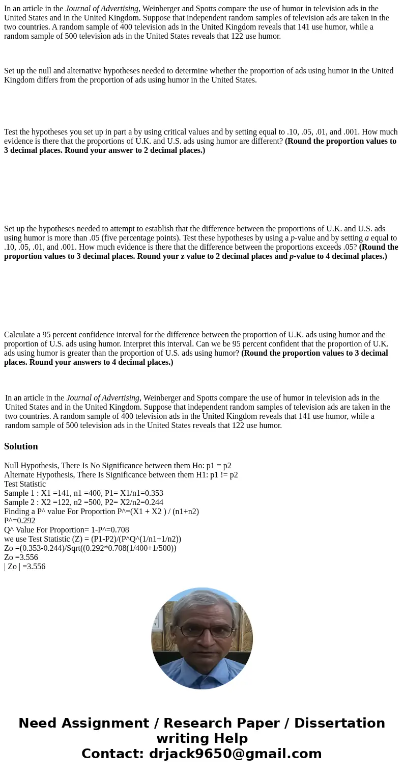 In an article in the Journal of Advertising, Weinberger and Spotts compare the use of humor in television ads in the United States and in the United Kingdom. Su In an article in the Journal of Advertising, Weinberger and Spotts compare the use of humor in television ads in the United States and in the United Kingdom. Su