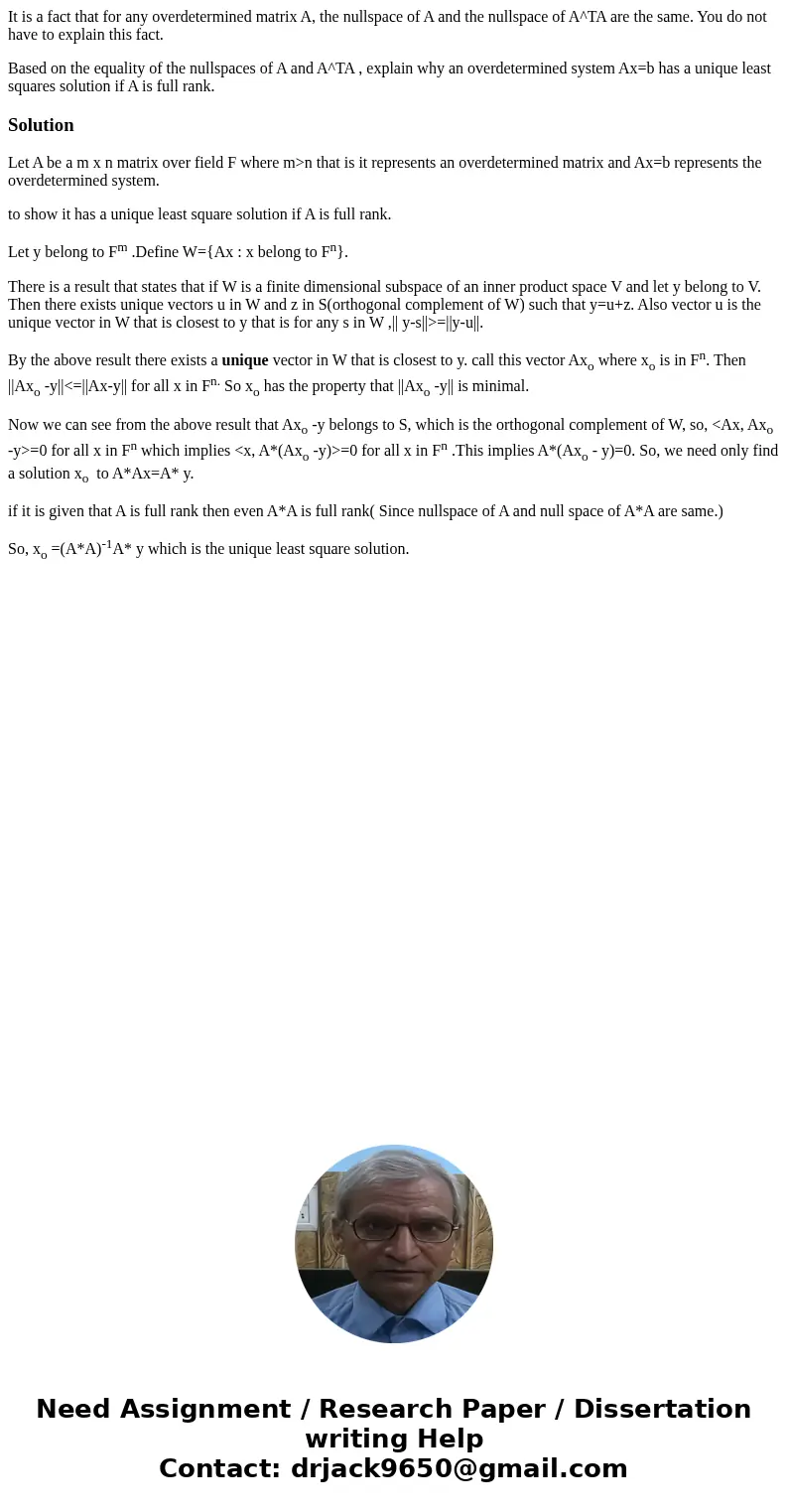 It is a fact that for any overdetermined matrix A, the nullspace of A and the nullspace of A^TA are the same. You do not have to explain this fact. Based on the It is a fact that for any overdetermined matrix A, the nullspace of A and the nullspace of A^TA are the same. You do not have to explain this fact. Based on the
