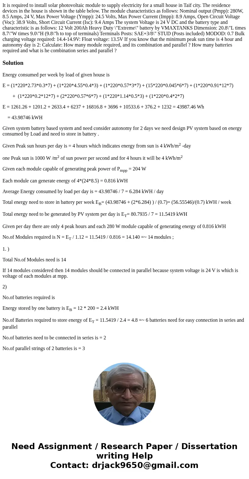 It is required to install solar photovoltaic module to supply electricity for a small house in Taif city. The residence devices in the house is shown in the ta  It is required to install solar photovoltaic module to supply electricity for a small house in Taif city. The residence devices in the house is shown in the ta