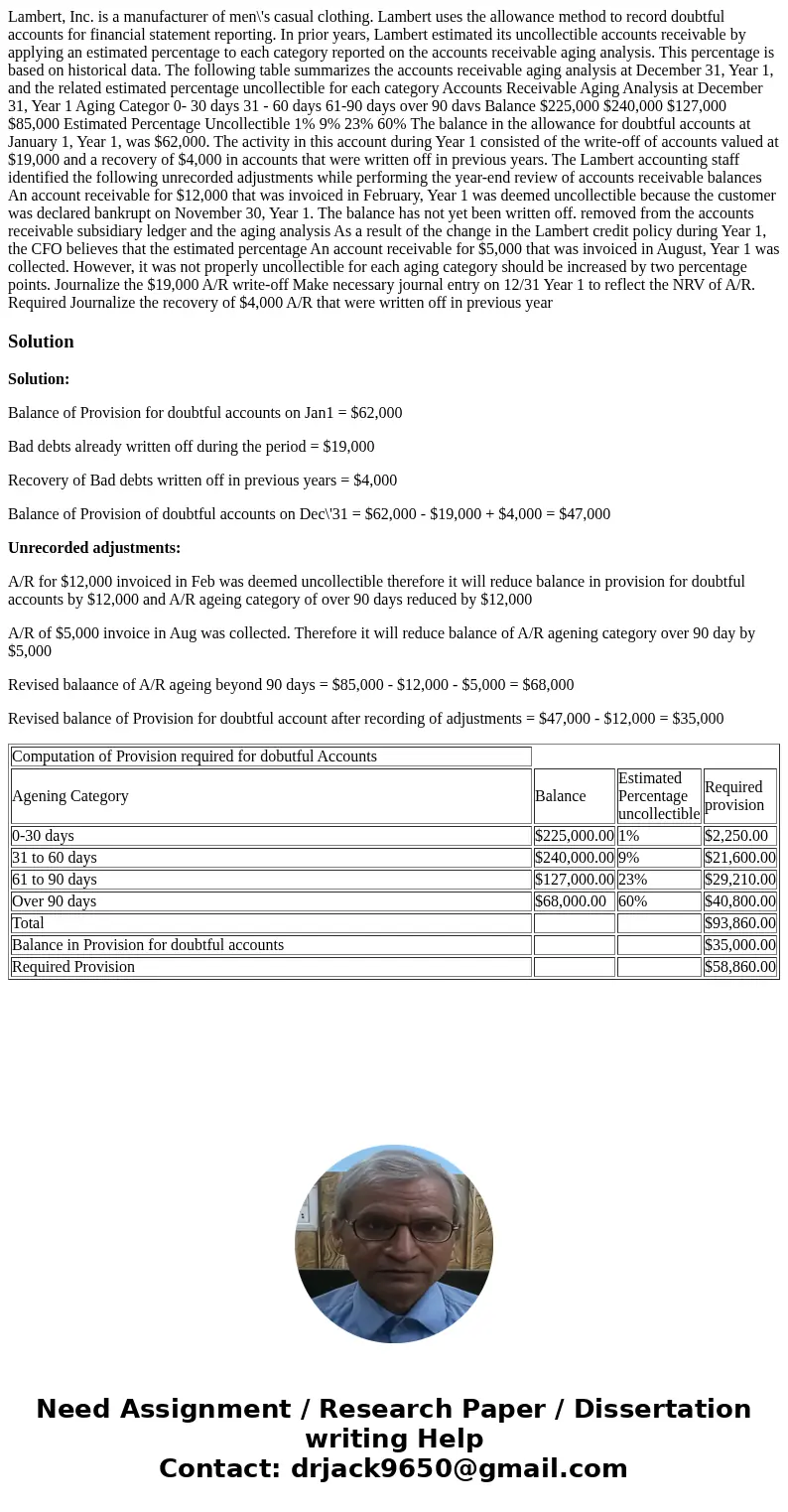  Lambert, Inc. is a manufacturer of men\'s casual clothing. Lambert uses the allowance method to record doubtful accounts for financial statement reporting. In 