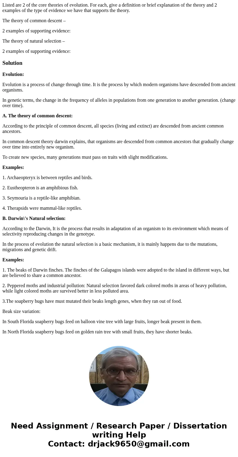 Listed are 2 of the core theories of evolution. For each, give a definition or brief explanation of the theory and 2 examples of the type of evidence we have th Listed are 2 of the core theories of evolution. For each, give a definition or brief explanation of the theory and 2 examples of the type of evidence we have th