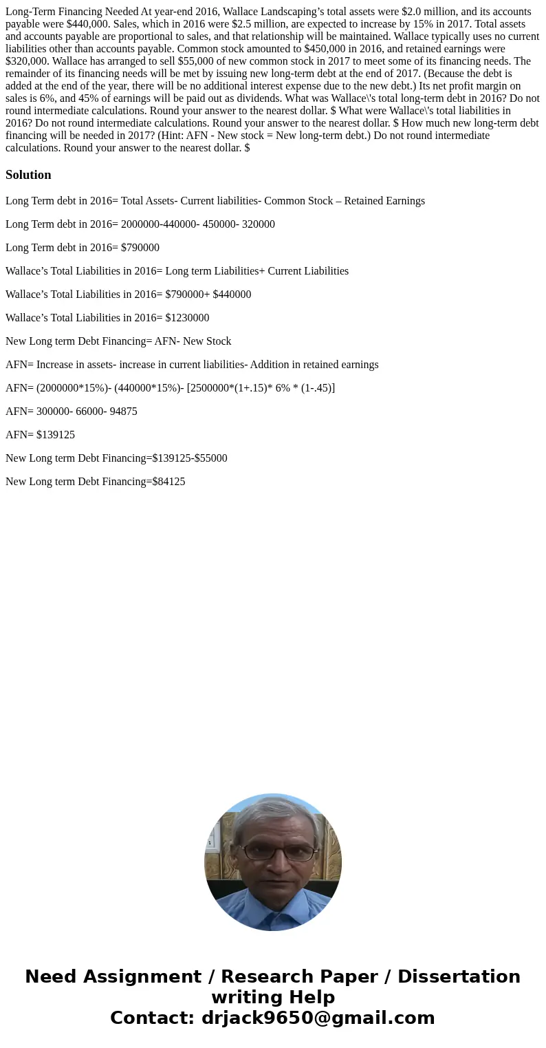 Long-Term Financing Needed At year-end 2016, Wallace Landscaping’s total assets were $2.0 million, and its accounts payable were $440,000. Sales, which in 2016  Long-Term Financing Needed At year-end 2016, Wallace Landscaping’s total assets were $2.0 million, and its accounts payable were $440,000. Sales, which in 2016