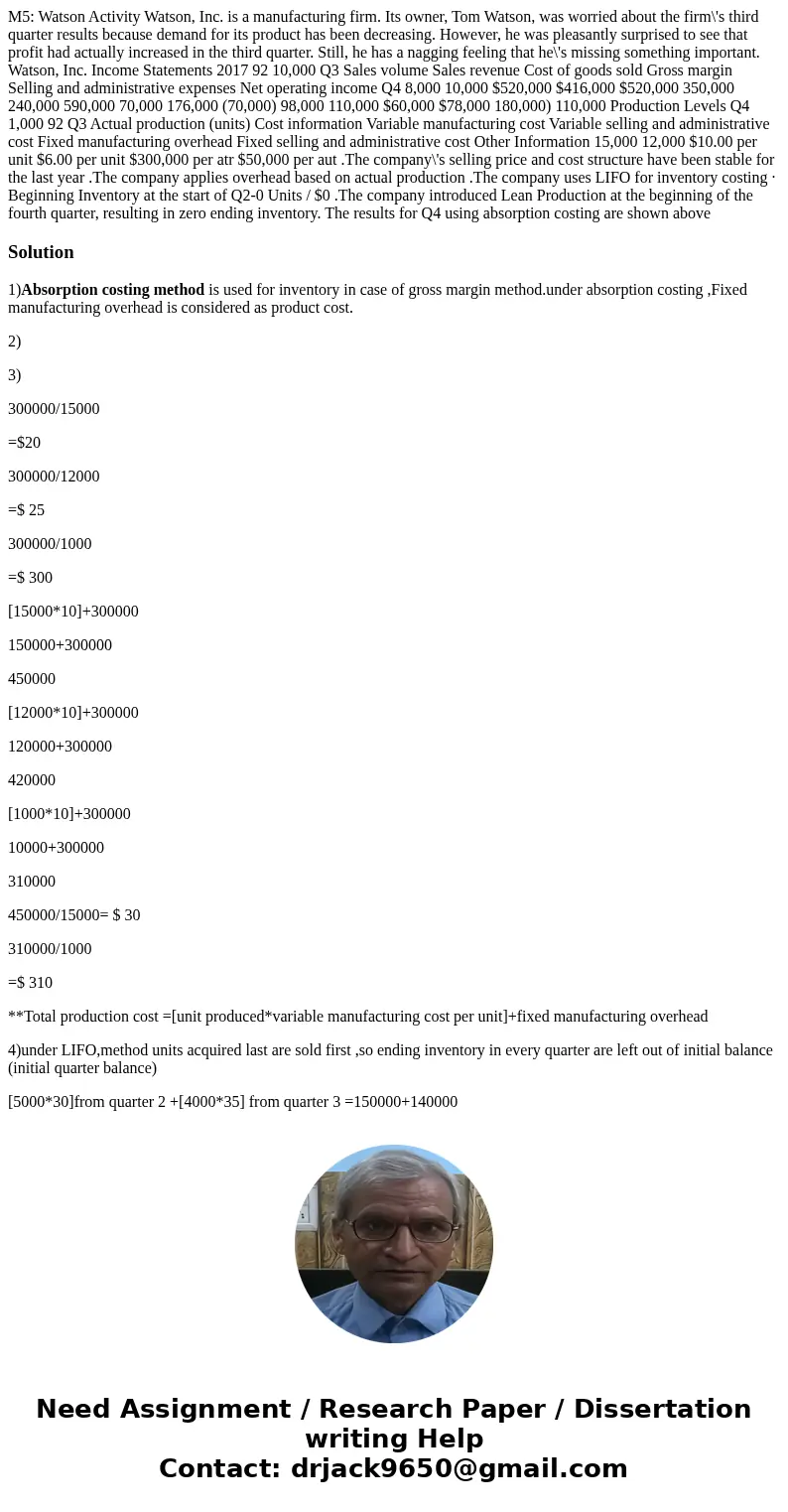 M5: Watson Activity Watson, Inc. is a manufacturing firm. Its owner, Tom Watson, was worried about the firm\'s third quarter results because demand for its pro  M5: Watson Activity Watson, Inc. is a manufacturing firm. Its owner, Tom Watson, was worried about the firm\'s third quarter results because demand for its pro