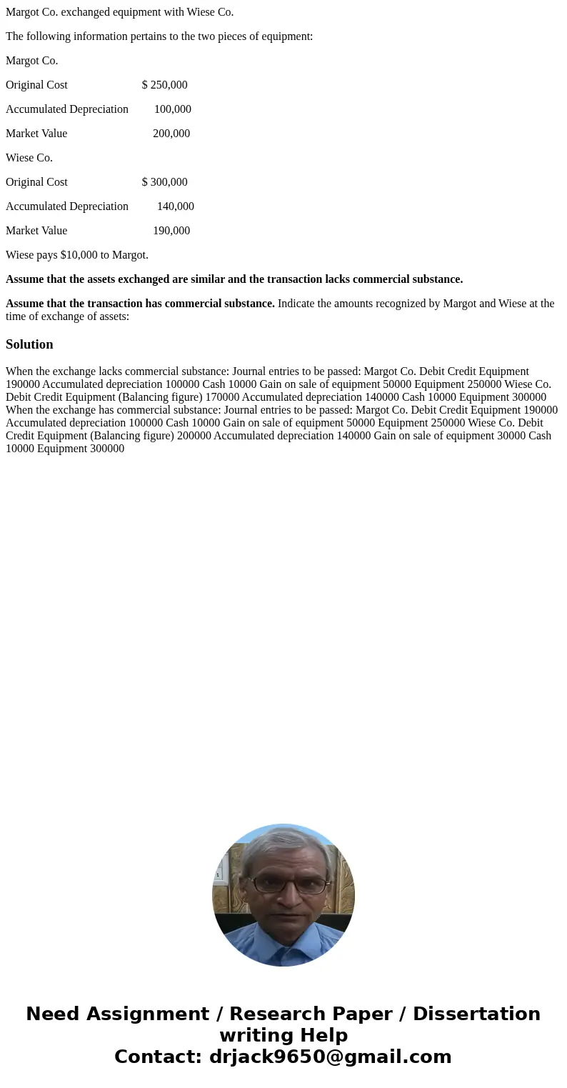 Margot Co. exchanged equipment with Wiese Co. The following information pertains to the two pieces of equipment: Margot Co. Original Cost $ 250,000 Accumulated 