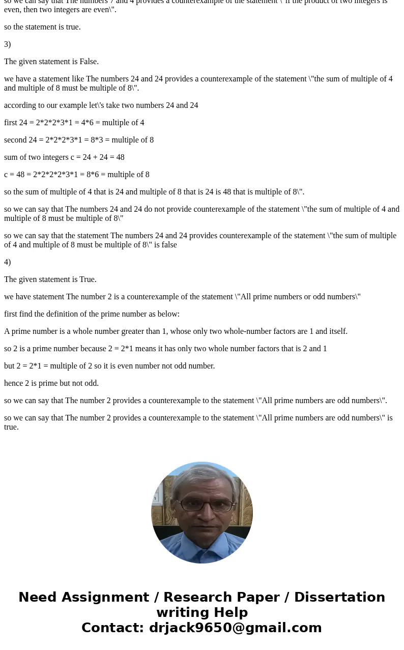 Mark each of the following true T or false F. The numbers 45 and 3 provide a counterexample to the statement \  Mark each of the following true T or false F. The numbers 45 and 3 provide a counterexample to the statement \