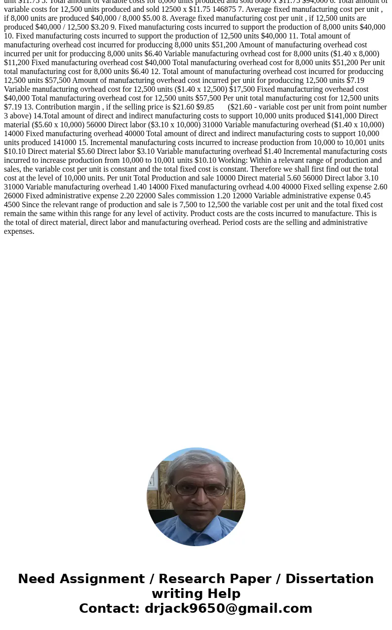 Martinez Company’s relevant range of production is 7,500 units to 12,500 units. When it produces and sells 10,000 units, its average costs per unit are as follo