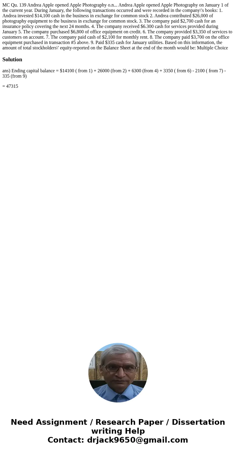 MC Qu. 139 Andrea Apple opened Apple Photography o.n... Andrea Apple opened Apple Photography on January 1 of the current year. During January, the following t  MC Qu. 139 Andrea Apple opened Apple Photography o.n... Andrea Apple opened Apple Photography on January 1 of the current year. During January, the following t