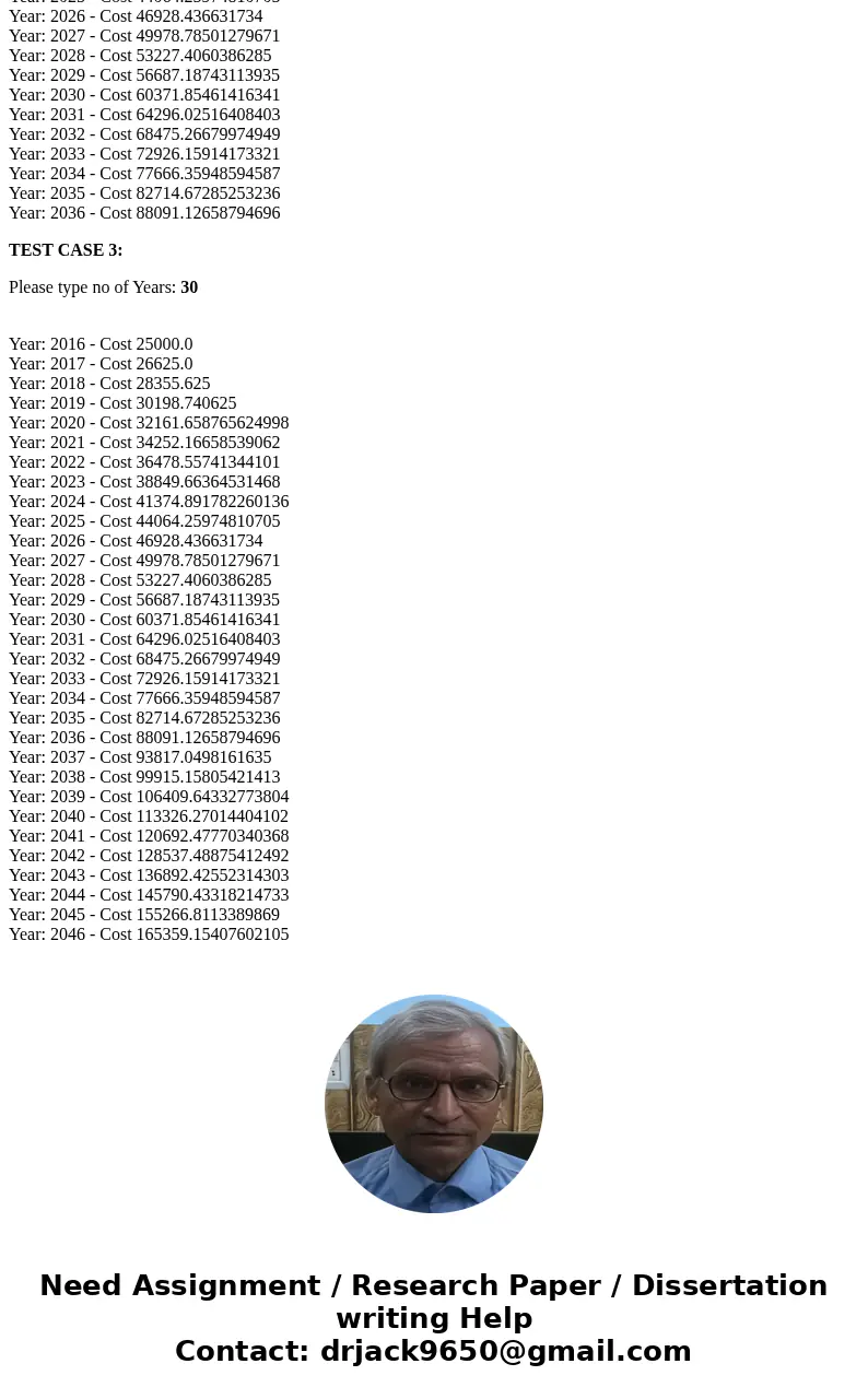 Need help with my JAVA homework ASAP, thank you so much. The cost this year (2016) of a car is $25000. Each year the cost increases by 6.5%. Write a Java progra Need help with my JAVA homework ASAP, thank you so much. The cost this year (2016) of a car is $25000. Each year the cost increases by 6.5%. Write a Java progra