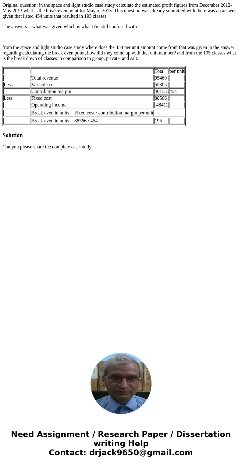 Original question: in the space and light studio case study calculate the estimated profit figures from December 2012-May 2013 what is the break even point for 