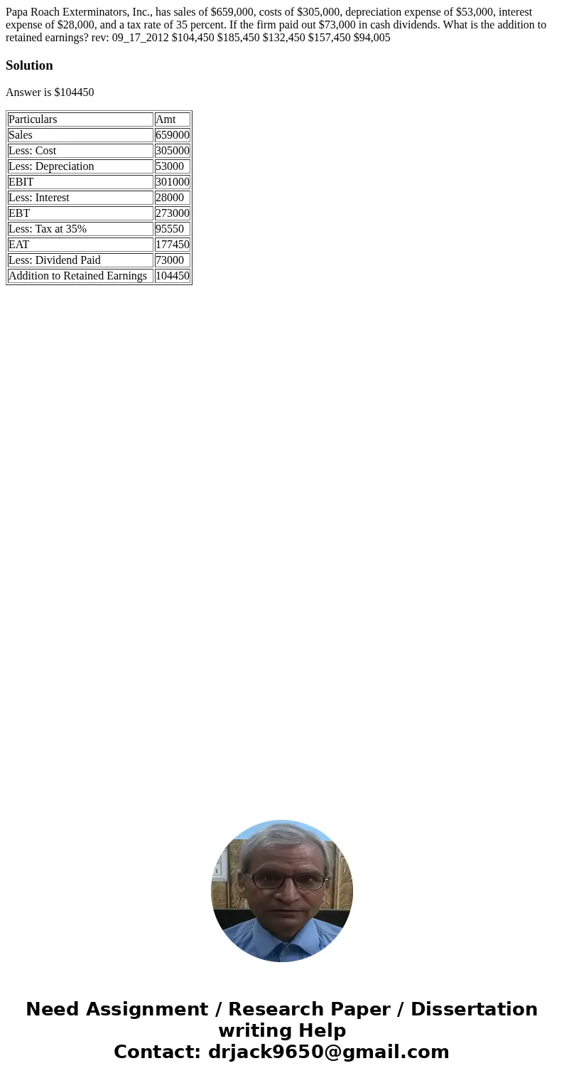 Papa Roach Exterminators, Inc., has sales of $659,000, costs of $305,000, depreciation expense of $53,000, interest expense of $28,000, and a tax rate of 35 per Papa Roach Exterminators, Inc., has sales of $659,000, costs of $305,000, depreciation expense of $53,000, interest expense of $28,000, and a tax rate of 35 per