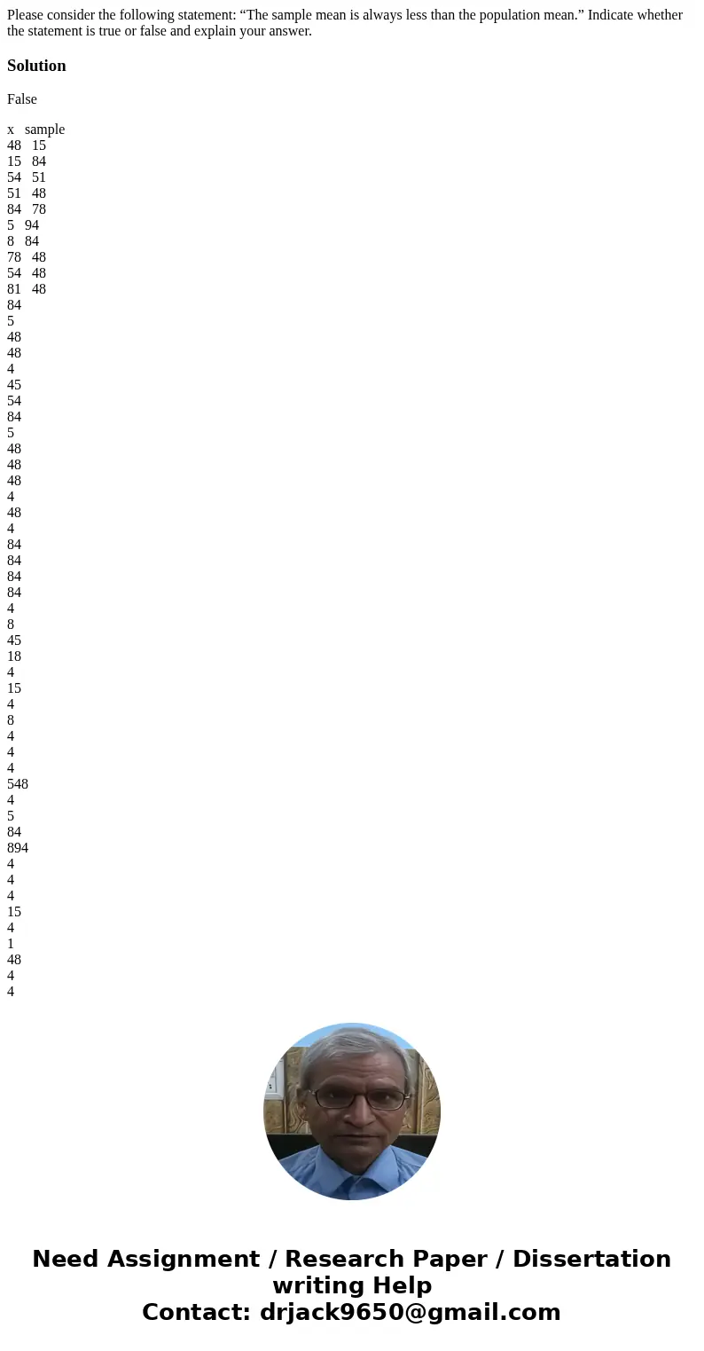 Please consider the following statement: “The sample mean is always less than the population mean.” Indicate whether the statement is true or false and explain 
