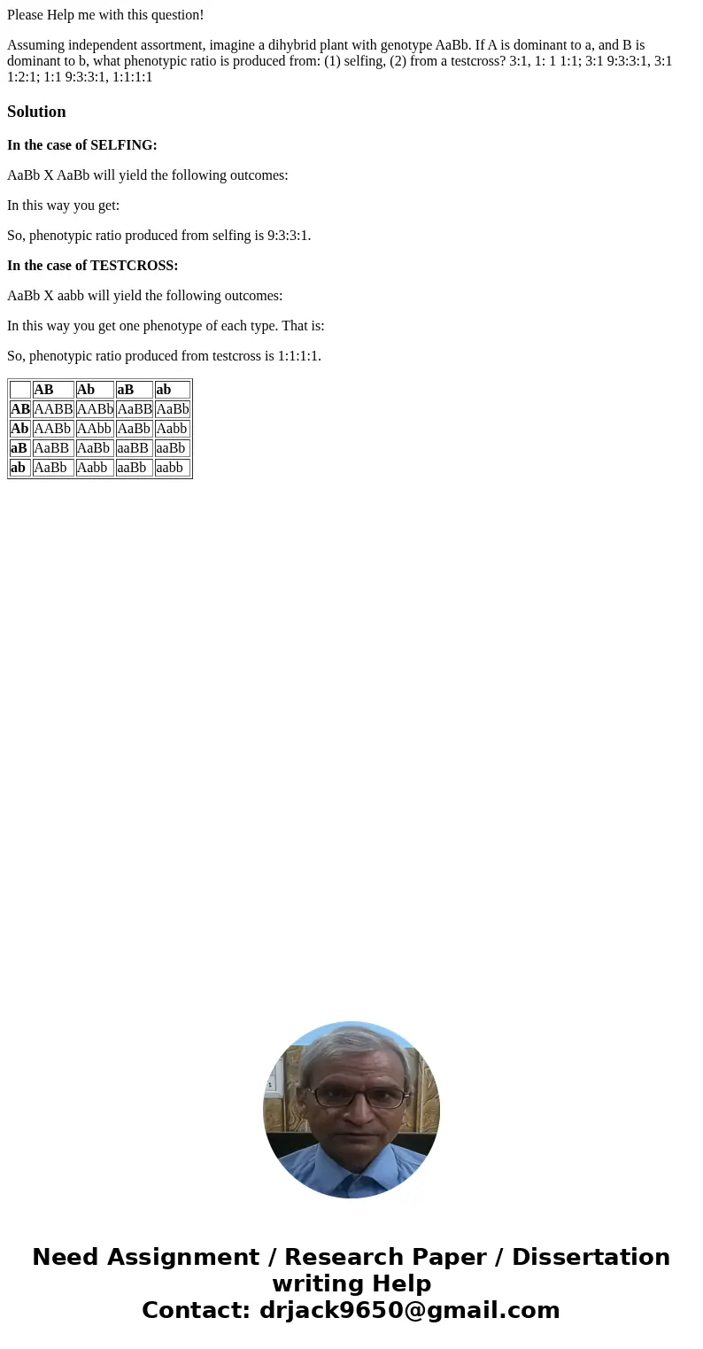 Please Help me with this question! Assuming independent assortment, imagine a dihybrid plant with genotype AaBb. If A is dominant to a, and B is dominant to b,  Please Help me with this question! Assuming independent assortment, imagine a dihybrid plant with genotype AaBb. If A is dominant to a, and B is dominant to b,