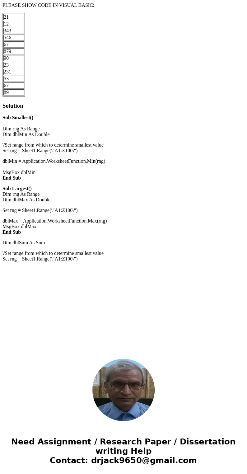 PLEASE SHOW CODE IN VISUAL BASIC: 21 12 343 546 67 879 90 23 231 53 67 89 SolutionSub Smallest() Dim rng As Range Dim dblMin As Double \'Set range from which to