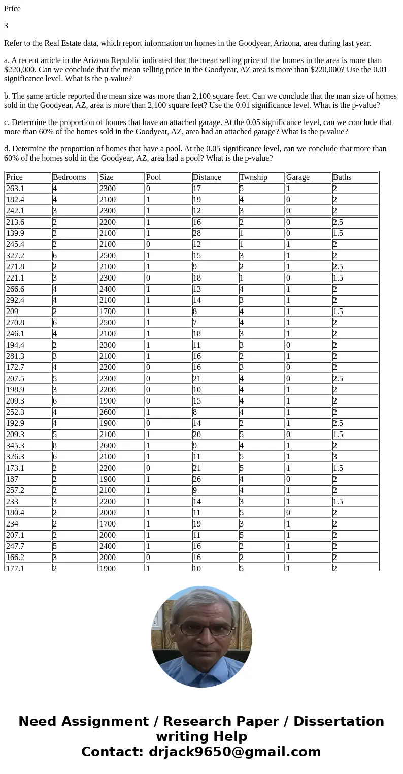 Price 3 Refer to the Real Estate data, which report information on homes in the Goodyear, Arizona, area during last year. a. A recent article in the Arizona Rep Price 3 Refer to the Real Estate data, which report information on homes in the Goodyear, Arizona, area during last year. a. A recent article in the Arizona Rep